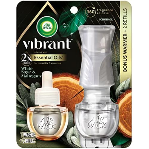 Air Wick Plug in Scented Oil Starter Kit (Gadget + 2 Refills), White Sage & Mahogany, Air Freshener, Essential Oils