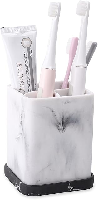 zccz Toothbrush Holder, Countertop Marble Look Electric Toothbrush Toothpaste Makeup Brush Razor Holder Stand Bathroom Organizer with Detachable Tray