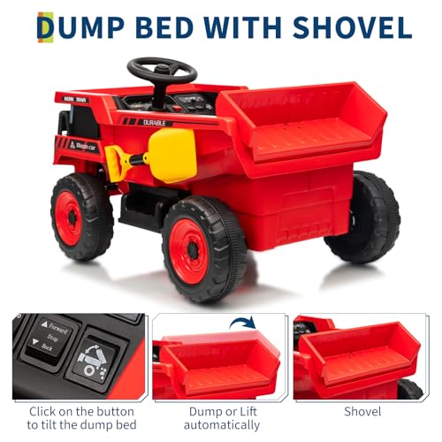 Garvee 12V Ride On Dump Truck for Kids, Ride On Car with Remote Control, Construction Vehicles with Dump Bed & Shovel, Ride-On Toys 16.5 in Spacious Seat, Music, Headlights, Soft Start, Red — view 4