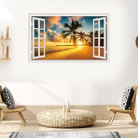 Rajahubri Sunset Wall Sticker Beach Wall Decals 3D Fake Window Wall Stickers Palm Tree Seascape Fake Window Wall Decals Removable Sunset Sea View Wall Stickers Decal for Living Room Cover