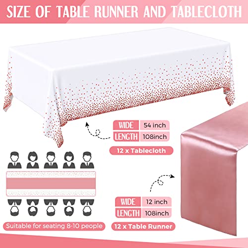 Image of Breling 24 Packs Rose Gold and White Disposable Tablecloths and Satin Table Runner Set, 54 x 108 Inch Plastic Tablecloth, 12 x 108 Inch Table Runners for Wedding Birthday Baby Shower Party Decoration