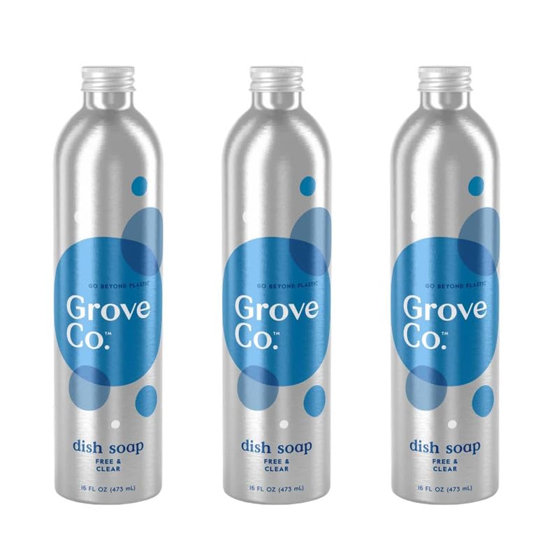 Image of Grove Co. Hydrating Dish Soap Refill 3-Pack - Free & Clear Gel, USDA Biobased Aluminum Bottles, 48 oz Total