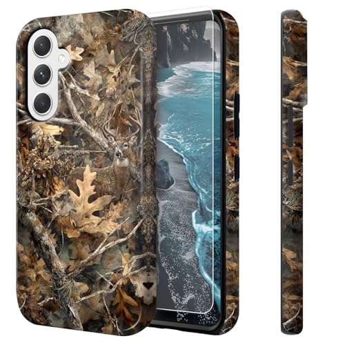 Qindaiwen for Samsung Galaxy S25 Case with Screen Protector, Realistic Tree Bark Printed, Dual Layer Shockproof Protective Cover, Hard PC + Soft TPU Rugged Heavy Duty Slim Case for Women Men
