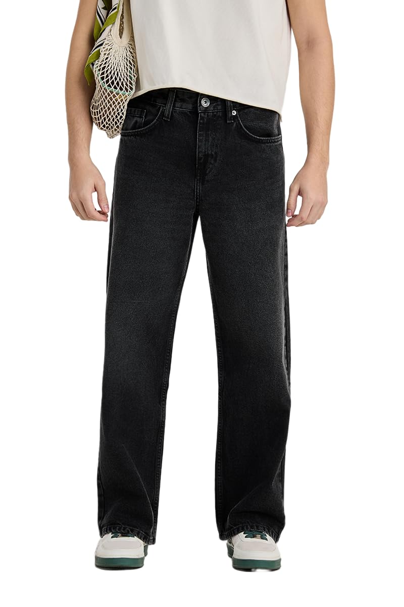 SNITCH Men Jeans| Straight Loose Fit Mid Rise Washed Denim| 100% Cotton Durable Fabric for Casual Wear, Everyday Comfort & Relaxed Style Utility Pair in blue