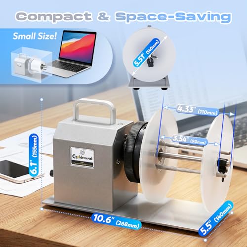 CGOLDENWALL Compact Quiet Automatic Label Rewinder, 1-12\"/s Bidirectional Rewind, Coreless/1-1.5\" Core Quick Adjust, Max. Label Dia. 5.5\" Width 4.3\", Auto Sync with Printer, Space-Saving