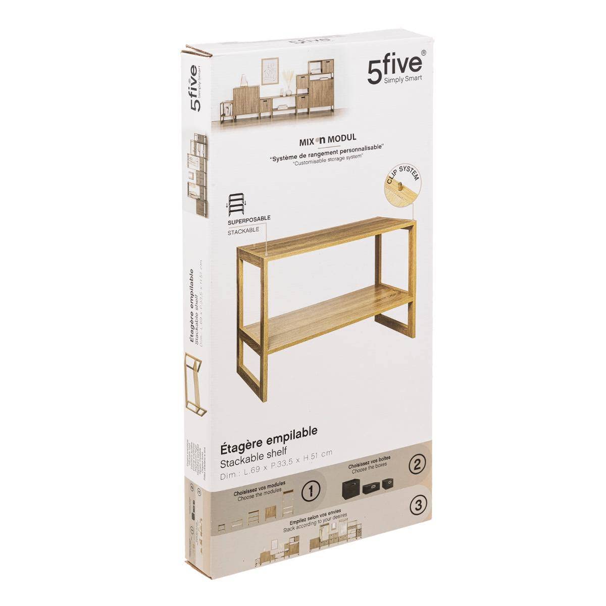 5 five simply smart 5five - Étagère Empilable Mix N Modul Effet Bois Naturel, 2 Niveaux, 69 x 33,5 x 51 cm - pour Salon, Chambre, Bureau