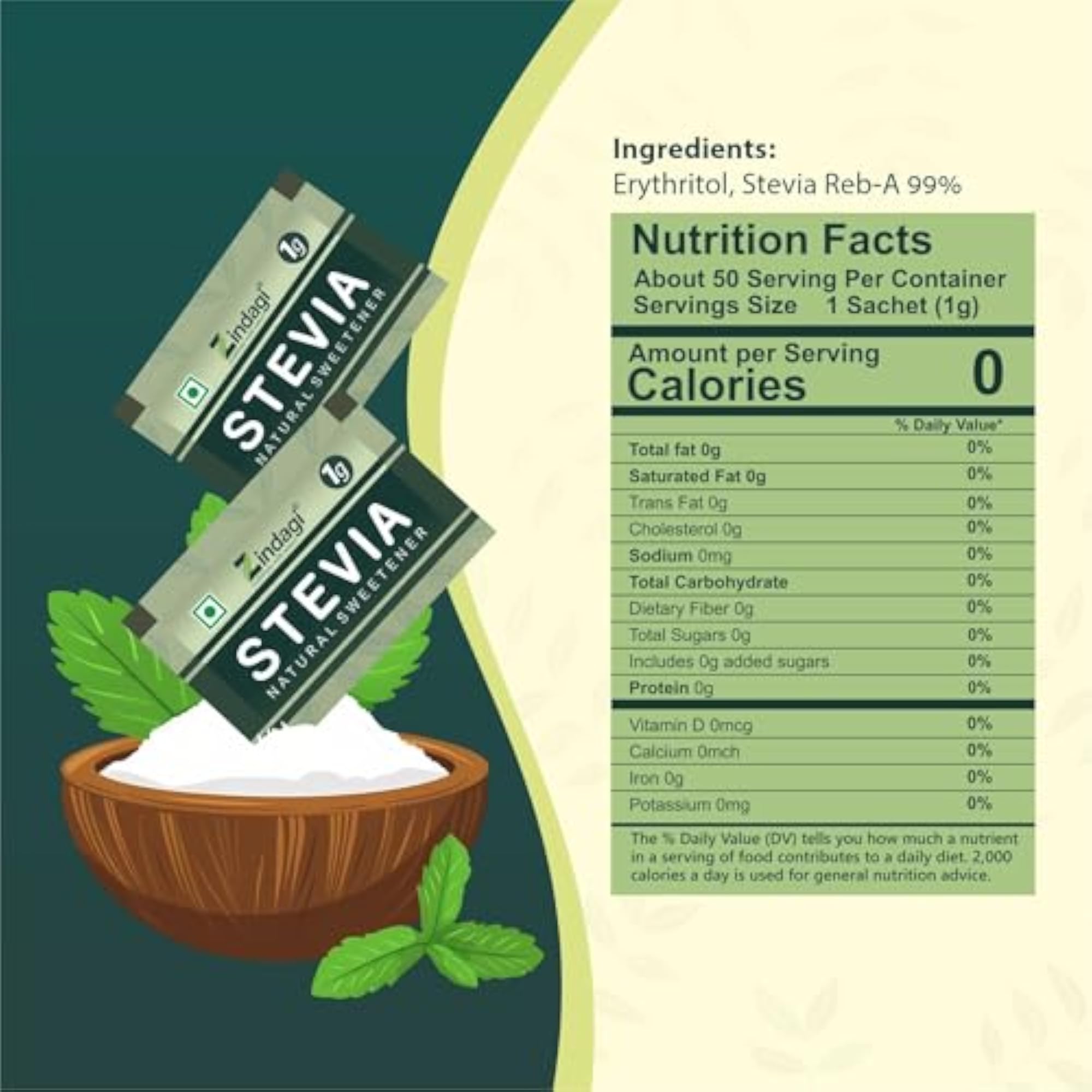 Stevia Sugar Powder Sachets, 100% Natural Sweetener, 100 Sachets