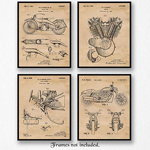 Vintage Harley Davidson Patent Prints, 4 (8X10) Unframed Photos, Wall Art Decor Gifts Under 20 For Home Office Man Cave College Student Teacher Engineer American Motorcycles Bike Touring Fan #TOP5