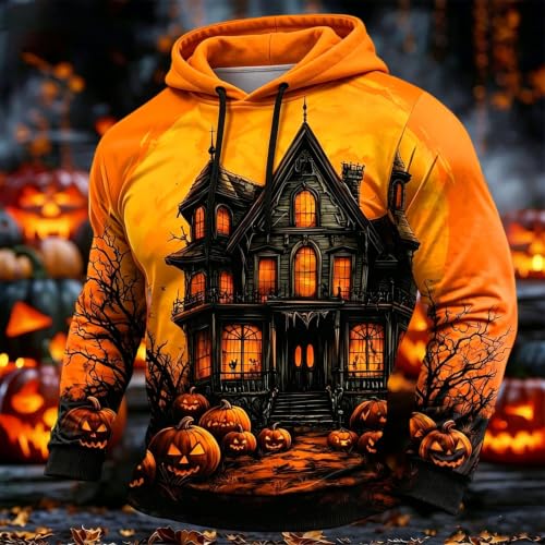 Hoodies for Men Halloween Pumpkin Hoodie Casual Long Sleeve Y2k Funny Pullover Sweatshirt Comfort Clothes Holiday Orange - image 2