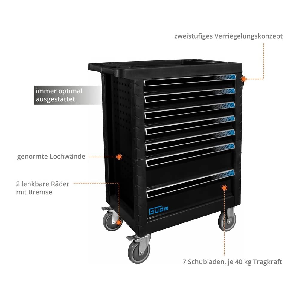 Güde GW7 Black Line - Carro de herramientas Porta Herramientas Banco Herramientas Taller (226 piezas)