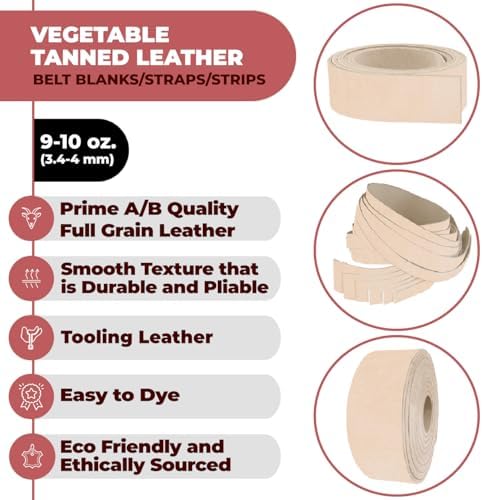 ELW Leather Strap, 9-10 Oz, 1.5 inch wide x 50", Cowhide Veg Tan Leather Belt Blank, Leather Strips, Tooling Leather, Tan Straps for Crafts, Belt Making & Crafting Blank Hide - 1