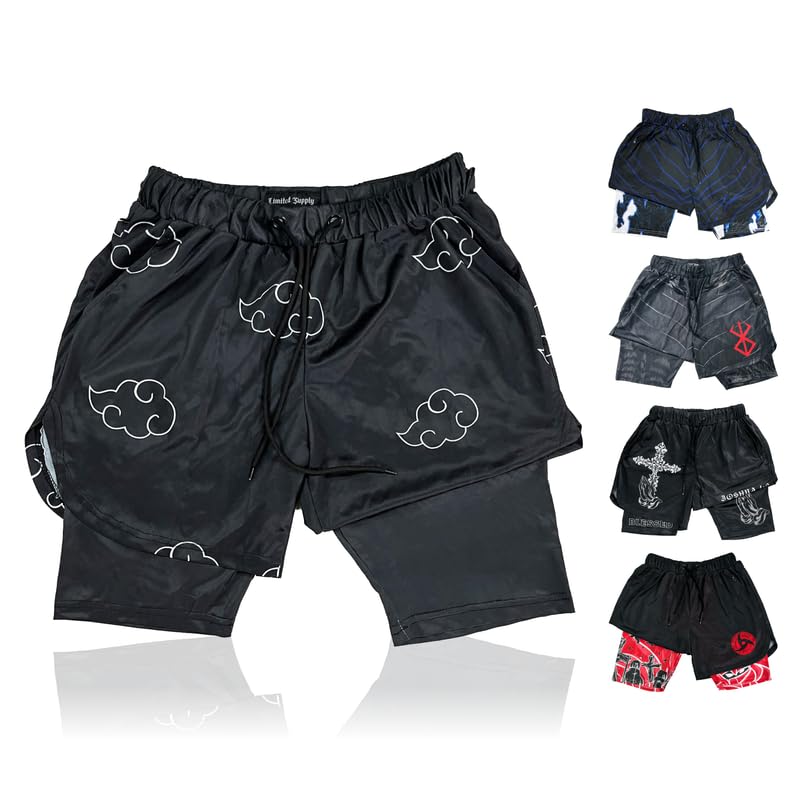 CROWN Anime Shorts - Breathable Mesh Stretch Compression Gym Short with Pockets and Towel Holder (M-BlackCld2)