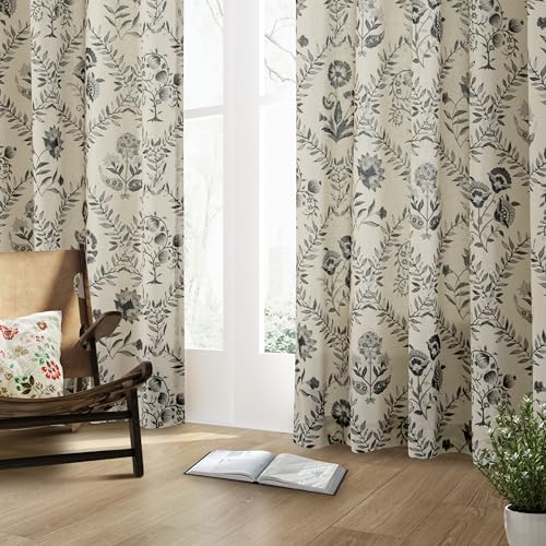 Image of Charcoal Floral Linen Curtains 63 Inch Length 2 Panels Set for Living Room | Blackish Green, Flower Plant, Semi Sheer, Back Tab, Rod Pocket, Farmhouse Boho, French Country, Window Drapes for Kitchen