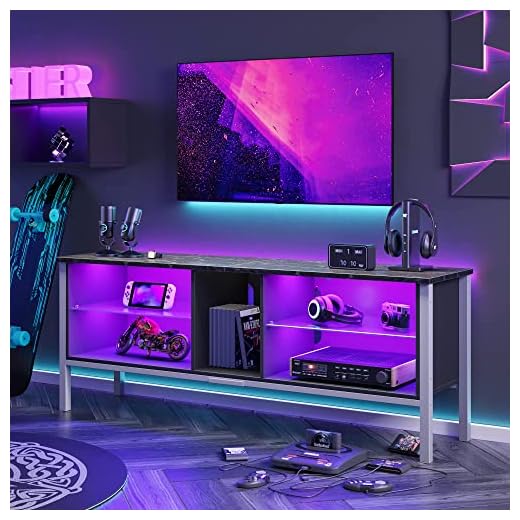 Bestier TV Stand for 70 inch TV, Modern Marble Gaming Entertainment Center with LED Lights, Wood TV Stand with Glass Shelves for Living Room Bedroom, Black