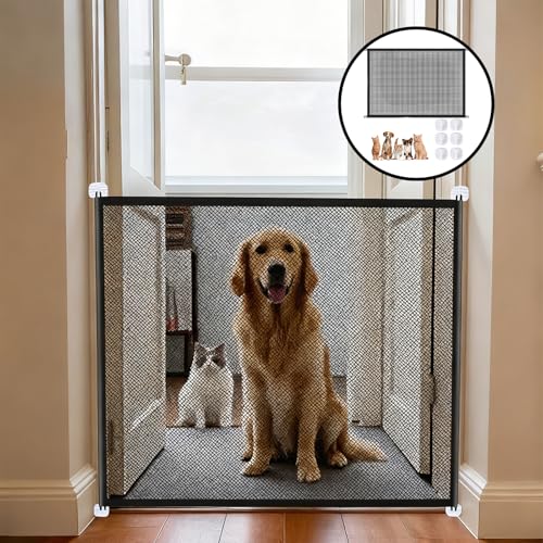1-Piece 110x72cm Dog Gate With 6 Hooks, Stair Gates for Dogs No Drilling Installation, Cat Gate with 6 Hooks for Stairs and Doorways, Expandable Mesh Pet Barrier for Home and Travel Use - Image 6