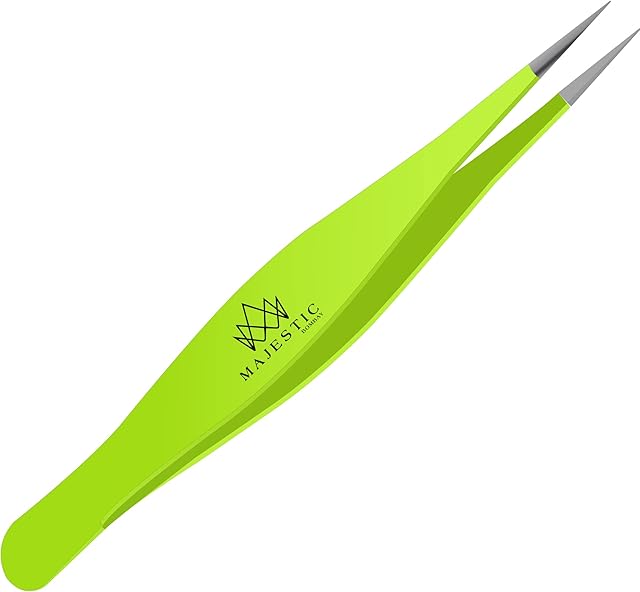 Majestic Bombay Surgical Tweezers for Ingrown Hair- Precision Sharp Needle Nose Pointed Tweezers for Splinters, Ticks & Glass Removal (Green)