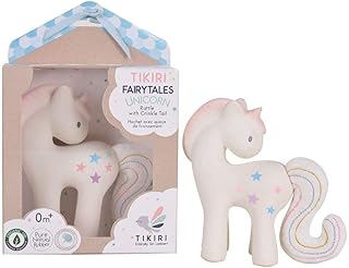 Tikiri Fairytales Cotton Candy Unicorn Natural Rubber Rattle with Crinkle Tail (White)