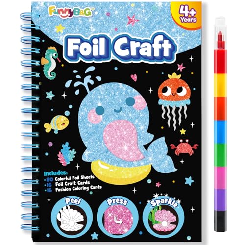 Image of FUNNYB&G Foil Art Craft Kit for Kids 4-10 Years Old: Mess-Free & No-Glue, Create 16 Sparkly Ocean Pictures - Perfect Travel Toy & Birthday Gift for Kids (Ocean)