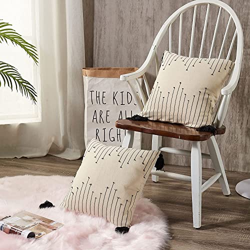 Throw Pillow Covers, Boho Pillow Covers, Indoor Outdoor Square Decorative Pillows For Bed Sofa Couch Patio Farmhouse Home Decor, Modern Stripe Ivory Cream Throw Pillow With Tassels, 18X18 Pillow Cover #TOP2