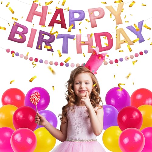 Image of 2 PCS Pre-Strung 3D Felt Happy Birthday Banner - Reusable Happy Birthday Decorations Sign, Felt Ball Garland, Pom Pom Garland, Party Decor, Photo Prop(pink & purple)