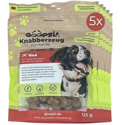 Goopsi Hunde Leckerli Rind 125g 5er Pack, Hundeleckerli getreidefrei & ohne Zucker, Hundefutter leckerlis Hund, Hundtraining Snack, Snacks auch für Große Hunde - aus Deutschland