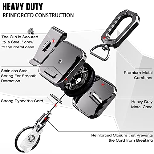 Elv Self Retractable Id Badge Holder Key Reel, Heavy Duty Metal Body, 30 Inches Dyneema Cord, Carabiner Keychain With Belt Clip, Hold Up To 15 Keys And Tools #TOP1