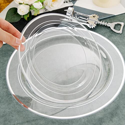 I00000 96 Pieces Clear Silver Plastic Plates, Clear Disposable Plates with Silver Rim Heavy Duty Fancy Wedding Party Plate Include 48 Dinner Plate 10.25" and 48 Dessert Appetizer Plate 7.5" - Thumbnail 4