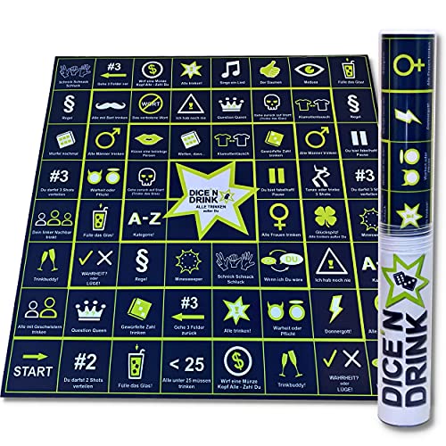 AURUXXX - Die Goldene 12 - Das spannende Kartenspiel für witzige Spieleabende für Jung und Alt. Eine unterhaltsame und pfiffige Geschenkidee als Familienspiel und Gesellschaftsspiel für Freunde. 5 DICE 'N DRINK® - Das ultimative Trinkspiel - Partyspiel ab 18 - Saufspiel fürs Festival - Würfelspiel - Geschenk - Brettspiel - Witziger Spieleabend - Partyartikel