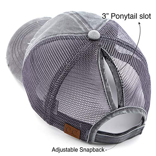 Image of C.C Exclusives Washed Distressed Cotton Denim Criss-Cross Ponytail Hat Baseball Cap Bundle Hair Tie (BT-1007)
