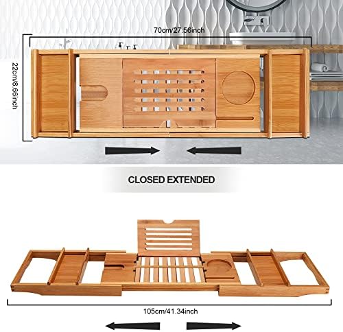Bath Tray, Adjustable and Expandable Bamboo Wooden Bath Tray Caddy with Wine & Candle Holder, ipad Holder and Book Rest, Bathtub Table Tray for a Relaxing and Luxury Home Spa Experience