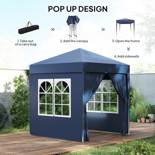 Outsunny 2 x 2 m Garden Pop Up Gazebo, Wedding Party Tent Marquee, Water Resistant Awning Canopy With Sidewalls, Windows, Carry Bag, Blue - 3