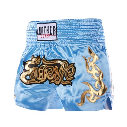 RUNQHUI - RUNQHUI Enfant Garçon Short Muay Elastique Short Boxe Thaï MMA Kick Boxing Compétition Entraînement Combat 5-16 Ans Bleu Clair 8-12 Ans