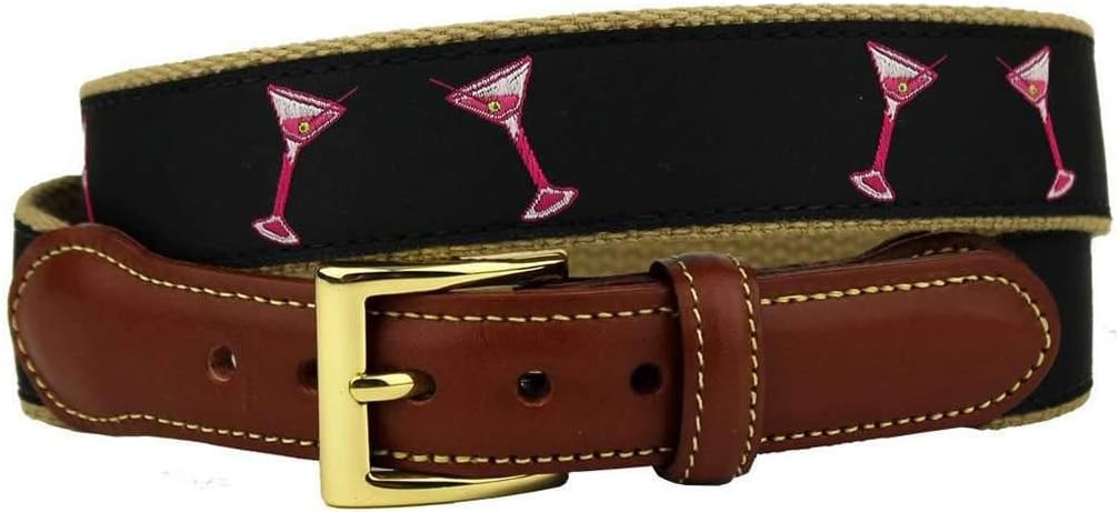 Country Club Prep Dancing Martini Glasses Tab Belt for Men | Genuine Leather | Anti-Scratch Brass Buckle | 7 Sizes
