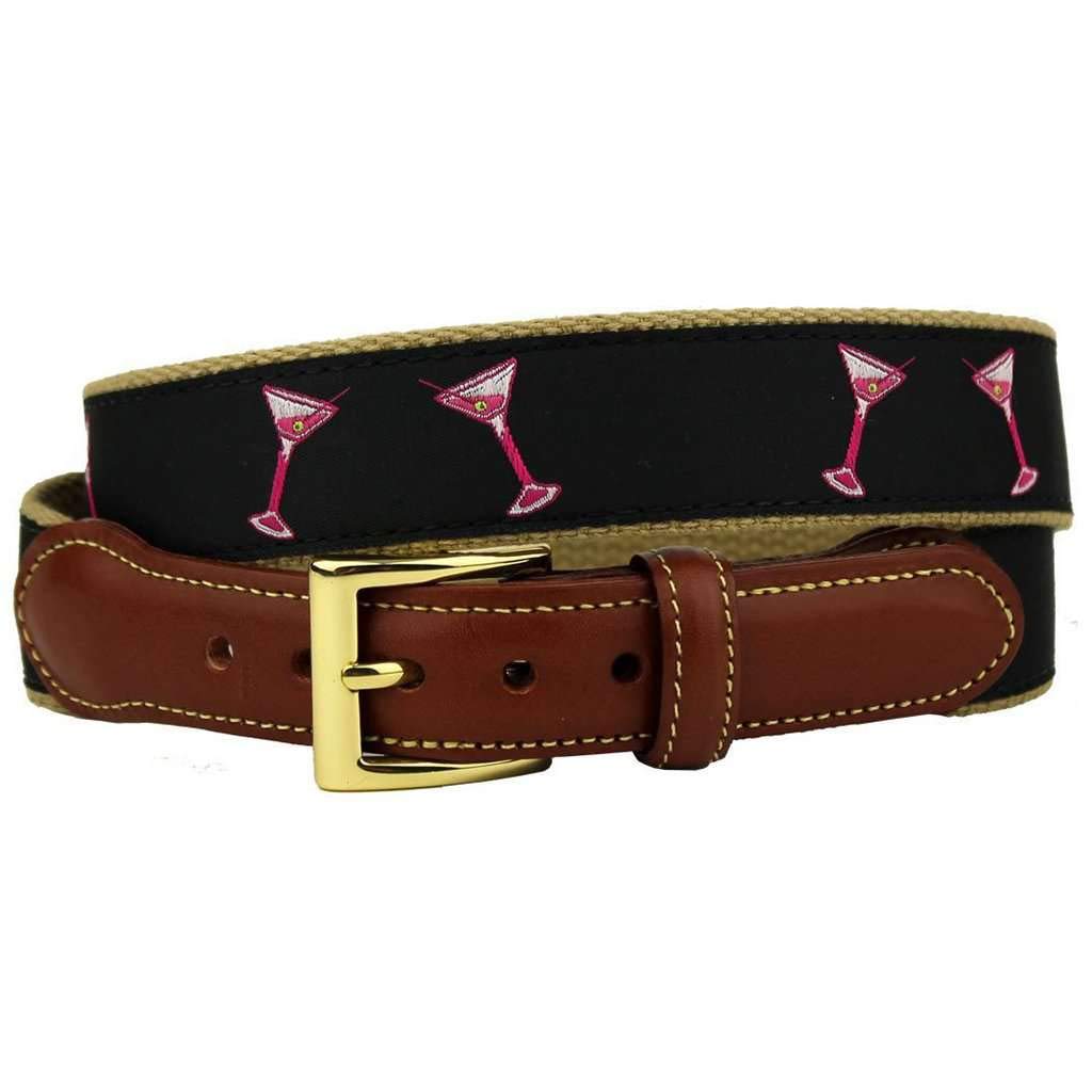 Country Club Prep Shaken, Not Stirred, Dancing Martini Glasses Leather Tab Belt in Black