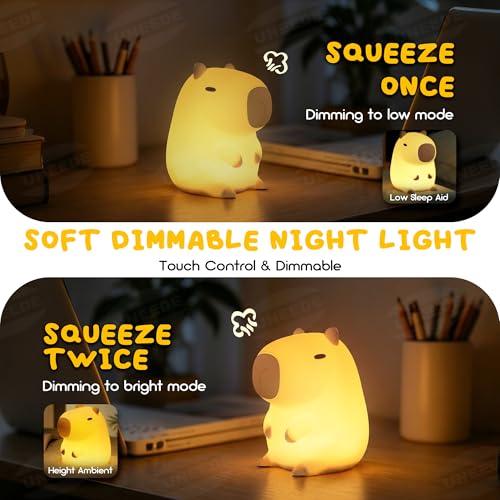 UNEEDE Cute Capybara Night Light, Novelty Animal Silicone Nursery Night Light Rechargeable Table Bedside Lamp with Touch Sensor for Bedroom Living Room Squishy Capybara Stuff Boys Girls Gifts — view 3