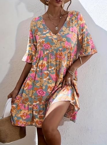 Floral Print Summer Dress, V-Neck, Empire Waist, 3/4 Bell Sleeves, Pink and Blue Floral Pattern, Loose Fit3