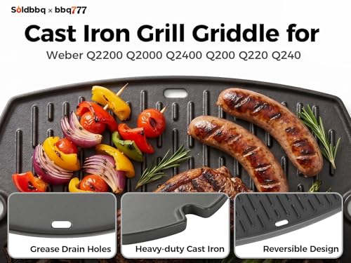 Image of 7583 Reversible Griddle Plate Replacement Parts for Weber Q2200 Q2000 Q2400 Q200 Q220 Q240 Cast Iron Flat Top Griddle Insert Plate for Weber 396000 566001 566002