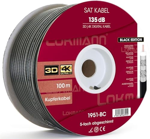 LOKMANN 100m Reines-Kupfer 135dB 5-Fach geschirmt Koaxialkabel Koax Sat Kabel Antennenkabel TV Cable Satellitenkabel Full HD, UHD, 4K, 8K + AUFWÄRTS