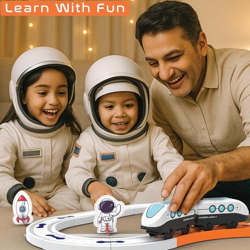 Image of BOOGYWOOGY Space-Themed Train Set | 33-Piece Battery-Operated Magnetic Train Toy with Lights & Sounds | DIY Educational Railway Track Set for Kids 3+ | Fun Space Train Toy | Made in India, Multicolor