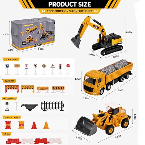 Unimoly Alloy Mini Construction Vehicles, 3Pcs Die-cast Metal Toy Set with Pull Back Action - Excavator, Dump Truck, Bulldozer for Toddlers & Kids 3 4 5 6 7 Years Old Boys Toys - Image 5