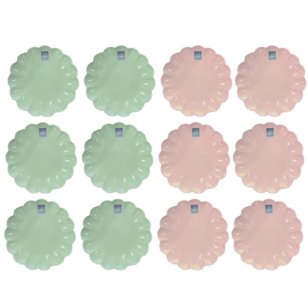 YöL Set of 12 Floral Edged Plastic Plates Summer Dining Outdoor Picnic BBQ Blush Pink Sage Green Trendy Tableware