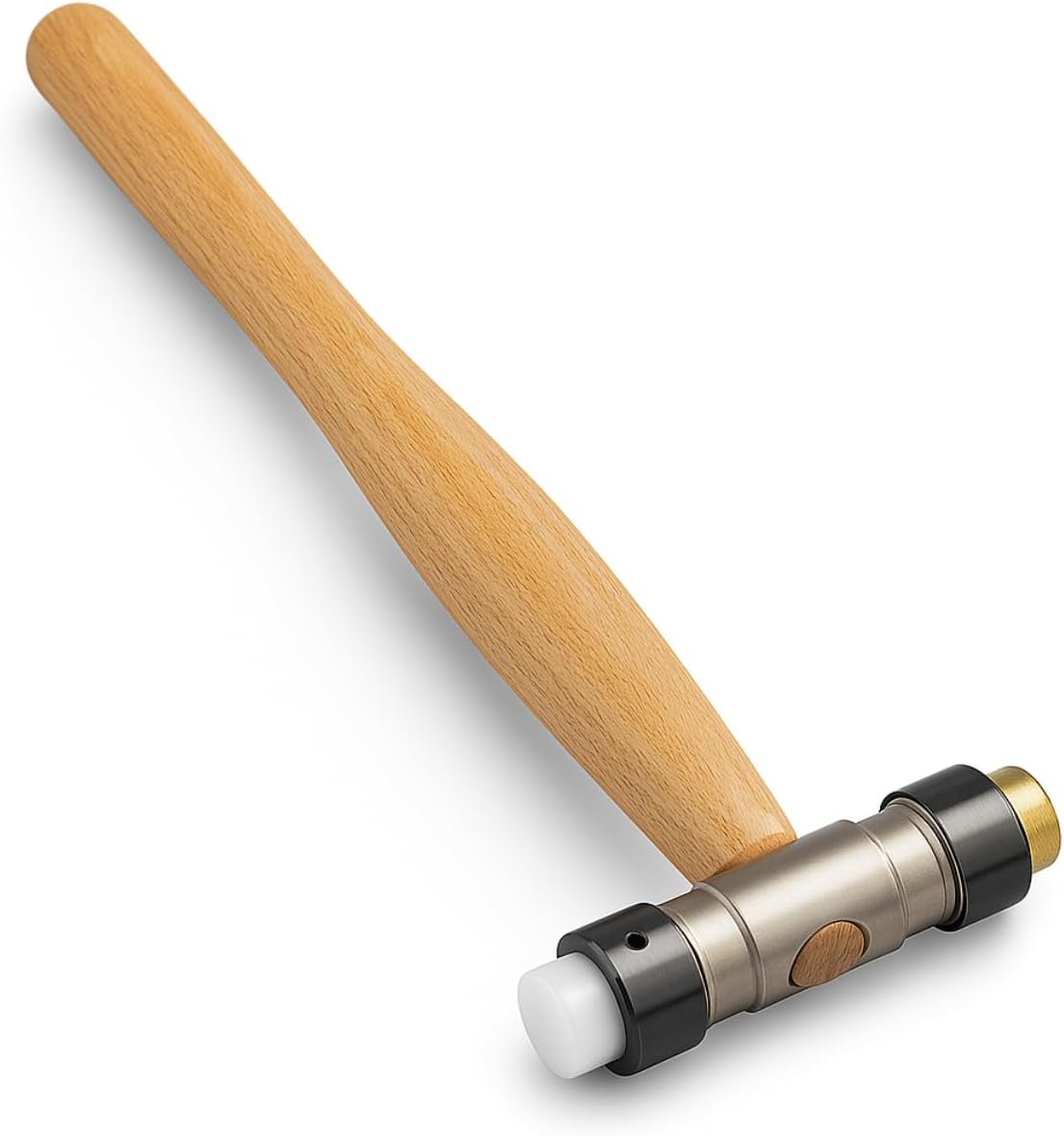 Double Headed Nylon and Brass Hammer | 9" (22.9 cm) Solid Wood Handle | 9 5/8" (24.4 cm) Overall Length | 2 5/8" (6.7 cm) Head Width | Ideal for Delicate Work