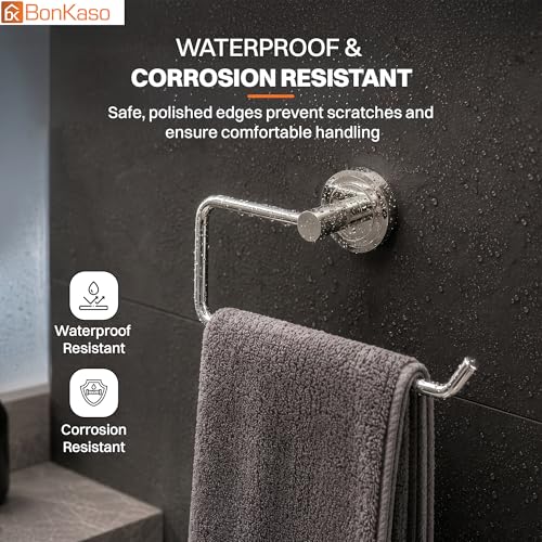 Image of BonKaso Stainless Steel Towel Ring Holder for Bathroom, Half Cut Wall Mount Towel Hanger with Chrome Finish, 14 cm Space Saving Towel Stand for Wash Basin and Kitchen with Screw Plugs, Pack of 1