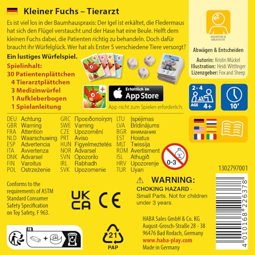 HABA Kleiner Fuchs Tierarzt – Würfelspiel für Kinder ab 4 Jahren – Spielerisch Tiere heilen mit Medikamenten & Würfeln – Fördert Empathie, 2–4 Spieler – 1302797001