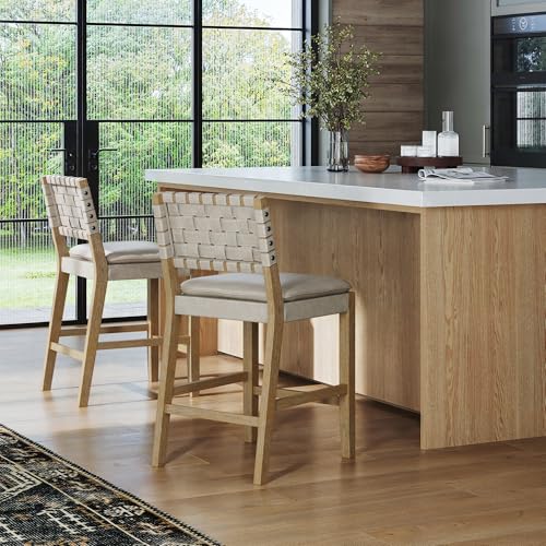 Image of Nathan James Cohen Coastal Bar Stool, Wood Counter Height Leather Bar Stool with Back for Kitchen Island, Taupe