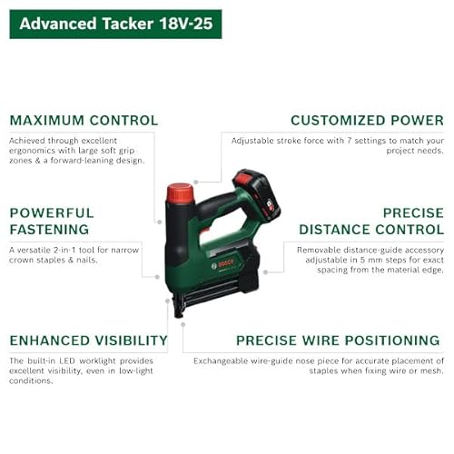 Bosch 18V System Cordless Stapler/Nailer Advancedtacker 18V-25 (Powerful 2-In-1 Tacking And Nailing; Incl. Staples, Nails, Distance-Guide Accessory, Wire-Guide Nose Cap) - 3