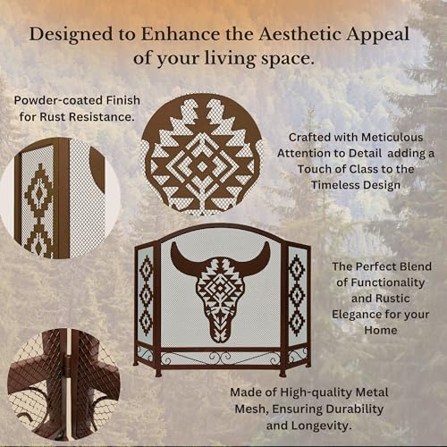 BestGiftEver 3-Panel Fireplace Screen Decorative with Southwest Tribal Bull Skull Design - Stand Alone Fireplace Cover Metal Mesh Screen - Home Decorative Firescreen Cabin Ranch Native American Style - Thumbnail 4