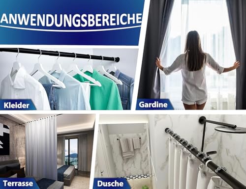 MEISENBERG Gardinenstange Klemmen 160-210cm, Matt Schwarz, Ø 25 mm, Duschvorhangstange ohne Bohren - Teleskopstange für Vorhänge, Dusche, Türöffnungen und Kleiderschrank