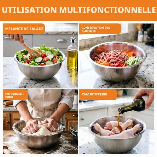 Ytwehela Lot de 5 Cul de Poule Inox, Saladiers en Acier Inoxydable, Bol Inox Cuisine Bowl de Mélange 5 Saladiers de Tailles Différentes 0.6 l, 0.9 l, 1.6 l, 2 l, 2.6 l – vue 3