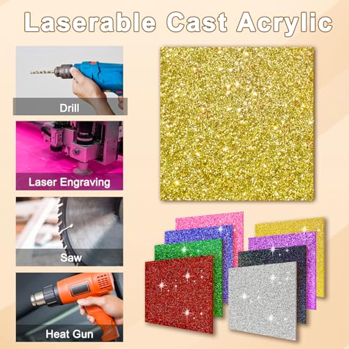 Image of Glitter Acrylic Sheets 1 /8 in Thick 8x8 Cast Sparkly Acrylic Sheets 3mm for Laser Cutting, Engraving, Invitation Blanks, Signs, Festival Decorations(8, Assorted, 8 inchx8 inch)